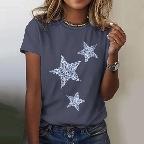 Camiseta Con Estampado 3D De Estrella Verano Mujer Cuello Redondo Camisetas Casuales Harajuku Streetwear Manga Corta Camiseta Oversize Y2K Ropa Femenina S Gray-image