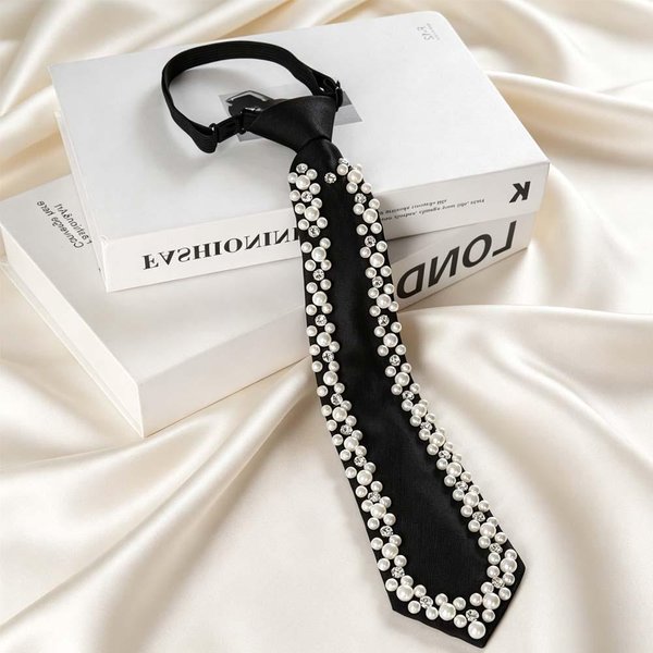 Nowa Luksusowa Krawatka Z Pereł I DżEtóW Dla Kobiet Wszechstronny Dodatek Do Koszuli Krawat Moda Akademicka Elegancka BiżUteria Prezenty Czarny-image
