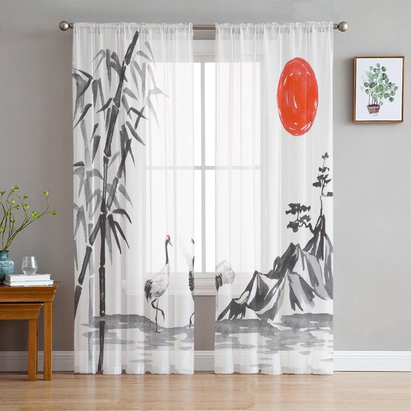 Bambusowe Zen W Stylu ChińSkim Przezroczyste ZasłOny Salon Okno Tiulowe ZasłOny Do Sypialni Dekoracja Kuchenna Woalowe ZasłOny W135 X H137Cm X1&Rod Pocket-image
