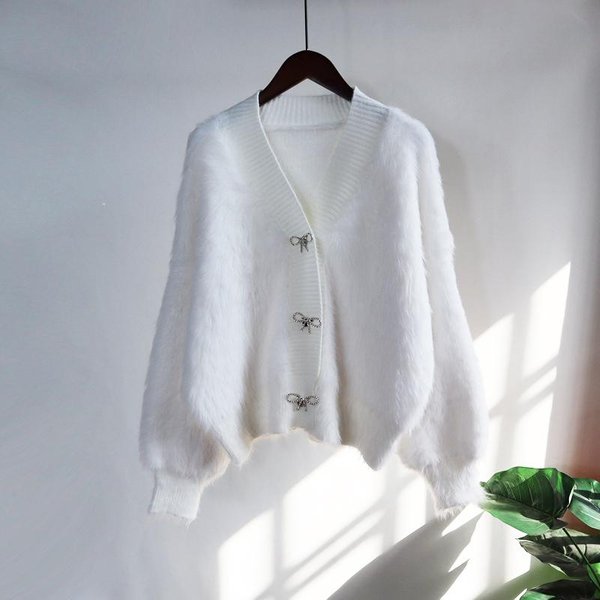Pogrubiony Puszysty Dzianinowy Sweter Kardigan Imitacja Norki Damski Jesień Zima Wersja KoreańSka LuźNy I Delikatny PłAszcz Sweter One Size BiałY-image