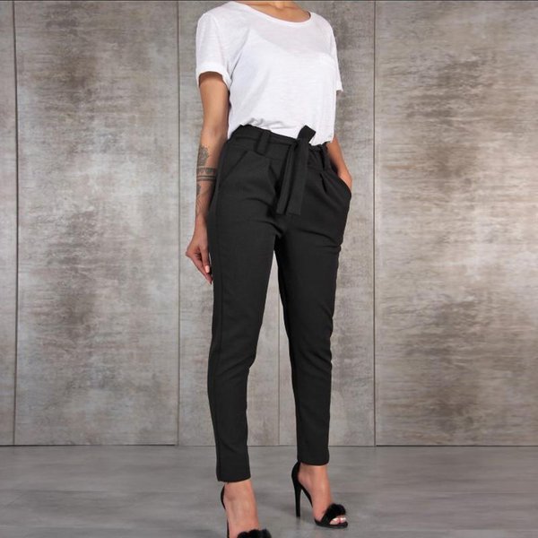 Damskie Spodnie Slim Z Wysokim Stanem Jednokolorowe Spodnie Damskie Office Wear Fit DziewięCiopunktowe Spodnie OłóWkowe M Czarny-image