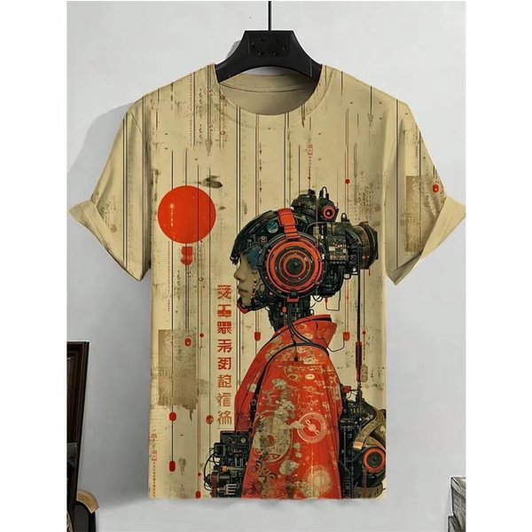 T-Shirt Nowy JapońSki Styl Atramentowy Samuraj Druk 3D Koszulka MężCzyźNi Kobiety Moda Hip Hop KróTki RęKaw Top Koszulki Odzież MęSka S Beige-image