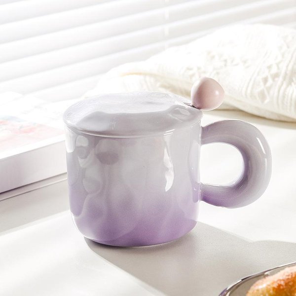 Taza De CeráMica Gradiente De Alto Valor DiseñO Nicho Taza Con Tapa Cuchara Para NiñAs Taza De Café Taza Para Beber Agua Para Parejas 401-500Ml-image
