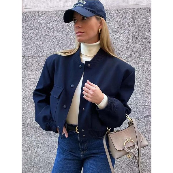 Damska Kurtka Bomberka Moda Z Kieszeniami Kurtki Wiosenne PłAszcz Vintage Z DłUgim RęKawem Casual Nowa Odzież Wierzchnia Eleganckie Topy S Kolor Granatowy-image