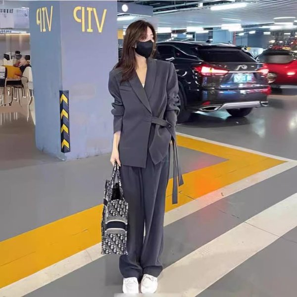 Wiosna I Jesień Nowy Styl Garnitur Garnitur Damski Design LuźNy Slim Marynarka Casual Szerokie Spodnie DwuczęśCiowy Zestaw XL Szary-image