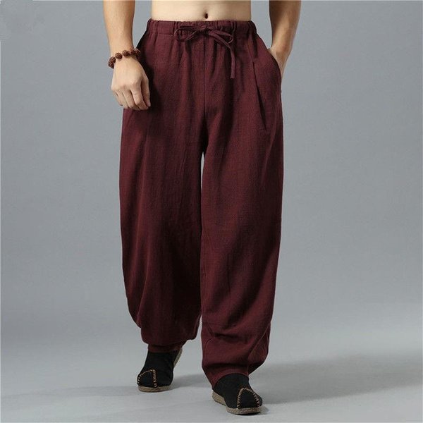 MęSkie Lniane Spodnie Z Szerokimi Nogawkami W Stylu ChińSkim MęSkie Spodnie Casualowe High Street Spodnie Sportowe DużE Rozmiary XS-5XL XL Koloru Czerwonego Wina-image