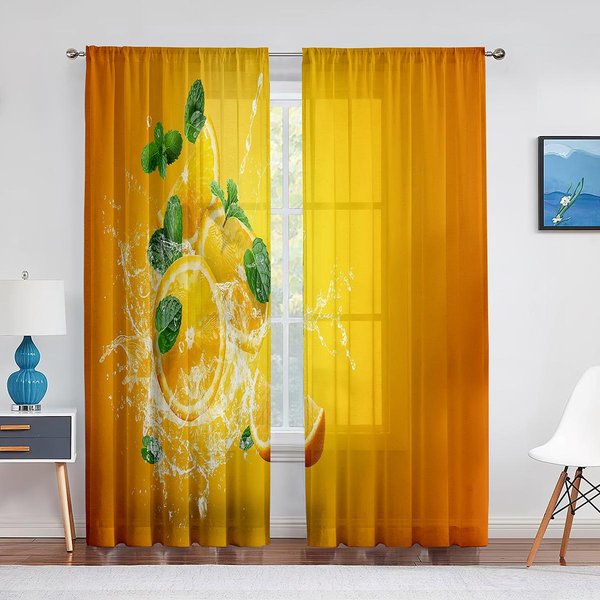 2 Paneles Amarillo LimóN Frutas Hojas Verdes Pintura Cortinas Para Dormitorio Sala De Estar DecoracióN Cortina Para Cocina Cortinas Para El Hogar Bolsillo Para Barra 100W130H(Cm)40X51In&Grommet Top-image