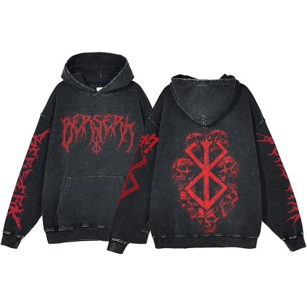 Sudadera Con Capucha Berserk Anime Lavado ÁCido Ropa De Hombre Sudaderas De AlgodóN Vintage Mujeres Sudaderas Con Capucha Hip Hop Ropa Y2K Oversize L Blanco/Negro-image