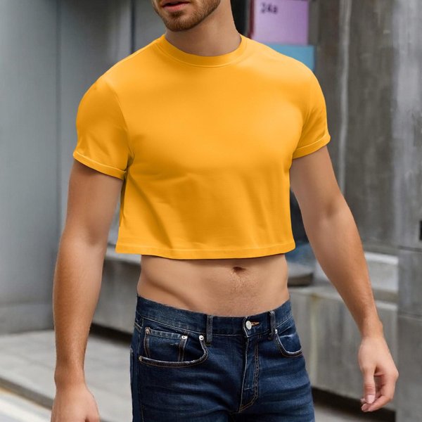 Top Corto Casual Para Hombre Con Cuello Redondo, Manga Corta, Ajuste Holgado, Media Camisa, SuéTer Suave, Transpirable Y Ligero Para El Uso Diario XL Amarillo-image