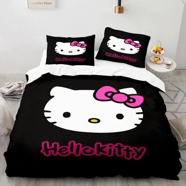 Juego De Funda NóRdica Hello Kitty Juego De Ropa De Cama Hello Kitty Funda De Colcha De Dibujos Animados Anime Funda De Almohada Juego De Cama TamañO Twin Full Queen AU Single 140X210Cm-image