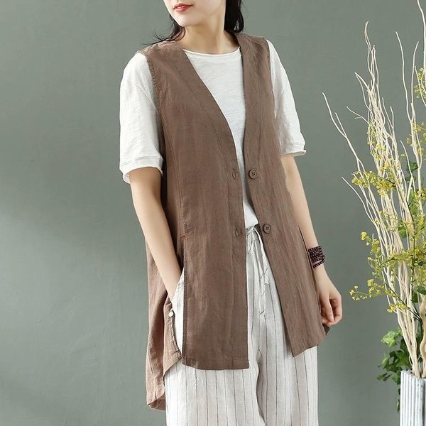Chaleco De AlgodóN Lino Para Mujer Cuello En V Chaleco Largo Verano L Caqui-image