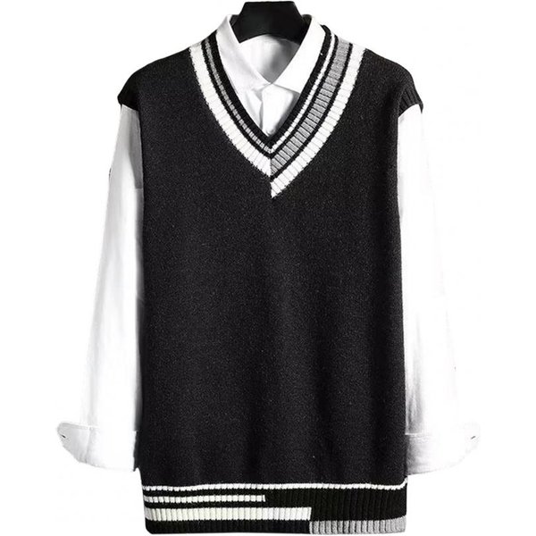 MęSki Sweter Kamizelka Dekolt W Serek Bez RęKawóW LuźNy Kolorowy Sweter Dzianinowy śRedniej DłUgośCi Pogrubiony Sweter W Stylu Preppy I Biznesowym M BiałY-image