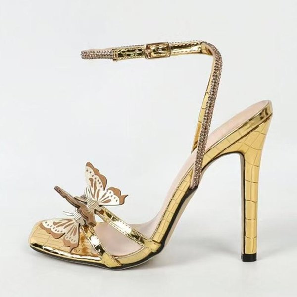 Liyke - Sandalias Con Tiras En El Tobillo Y Cristales De ImitacióN Para Mujer, DiseñO De Moda, Zapatos De Striptease Con Punta Cuadrada Sexys Para Fiesta, Tacones Altos Dorados 35 Oro-image