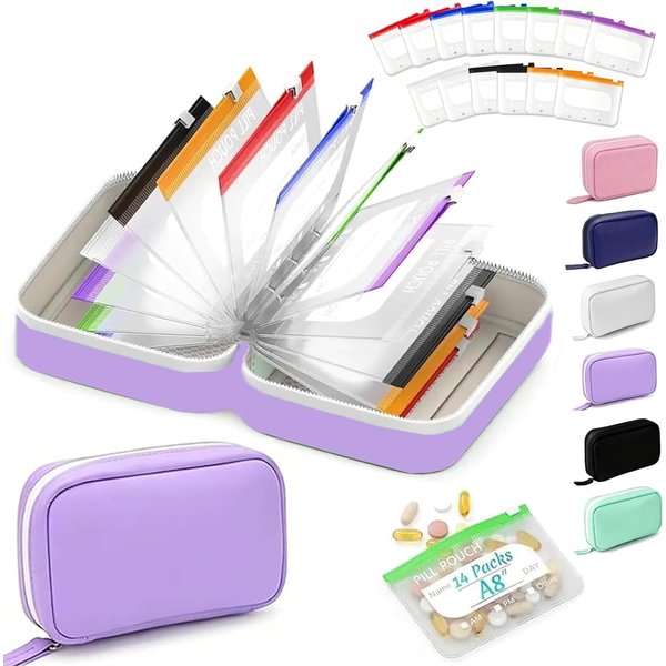 Wodoodporny Zestaw PojemnikóW Na Tabletki PodróżNy Zestaw PojemnikóW Na Tabletki Na 7 Dni Na 7 Do 14 Dni LekóW Witamin PrzenośNy Tygodniowy Organizer Na Tabletki Fioletowy-image