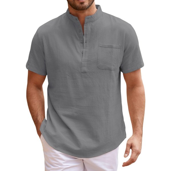 Camiseta Henley De Manga Corta Para Hombre Nueva De Verano, Ligera, De AlgodóN Y Lino - Transpirable, Estilo BáSico Casual, Tops De Color SóLido XXL Gray-image