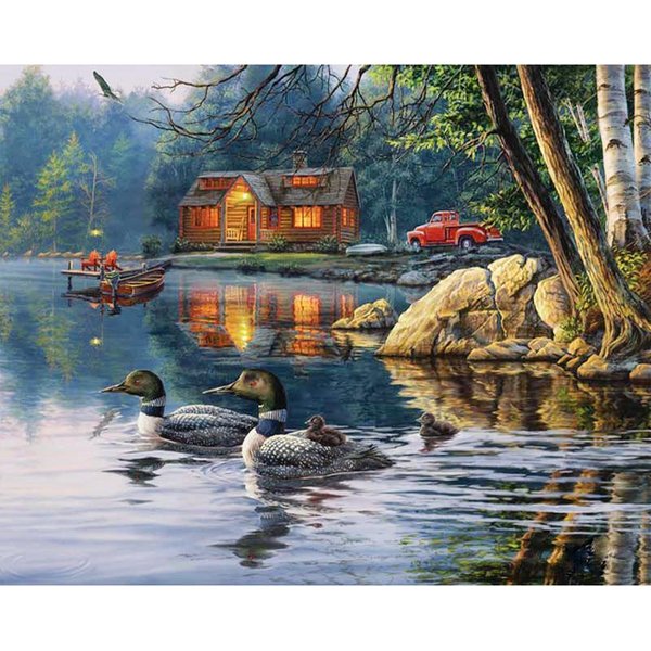 Mosaico Bordado Diamante CabañA Junto Al Lago Y Patos Pintura Diamante 5D Diamante Completo Punto De Cruz Labor Manual Pintura DIY ArtesaníA 20X30CM-image