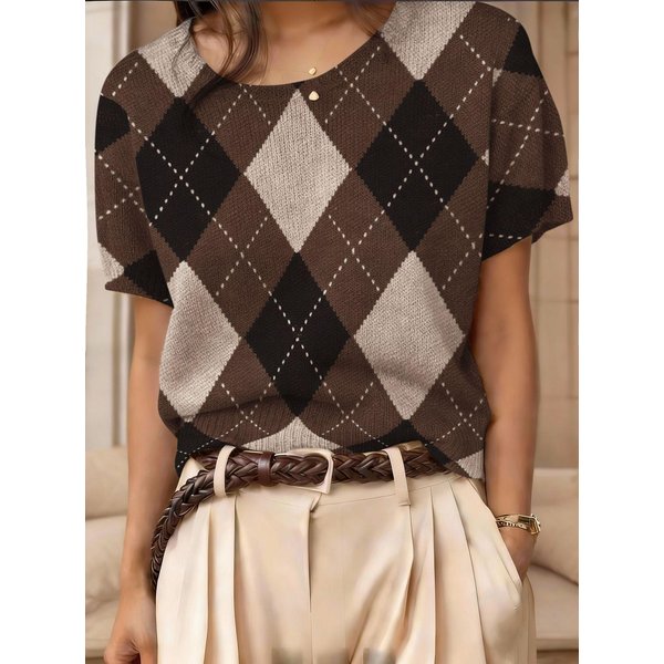 2026 Retro Sweter Top Z KróTkim RęKawem W Bloki Kolorystyczne Z Dzianiny ŻAkardowej Z OkrąGłYm Dekoltem Medium-image