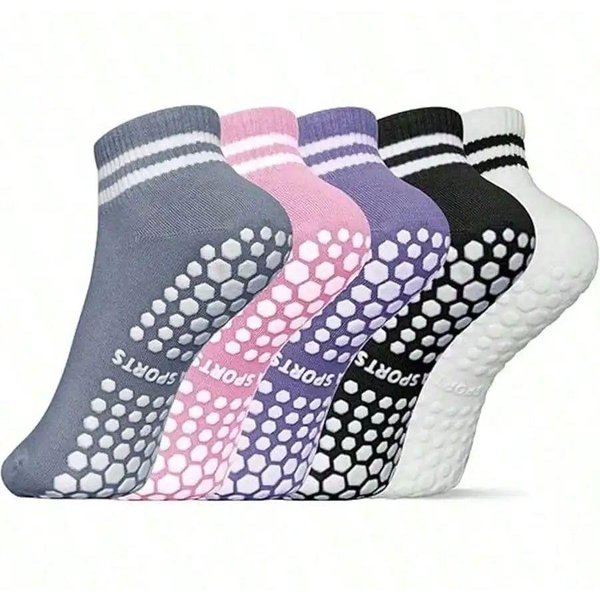 5 Pares De Calcetines Antideslizantes Para Mujer, Calcetines Antideslizantes Para Pilates Yoga Con Doble Raya, Calcetines Antideslizantes Para Entrenamiento, Ballet, Calcetines Deportivos 35-39-image