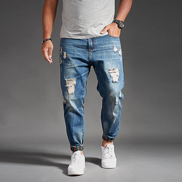 Pantalones Vaqueros Con Agujeros Para Hombres Pantalones De Mezclilla Ropa De Calle Pies De Moda Jeans Rasgados Pantalones De Mezclilla Ajustados Desgastados 36 Azul-image