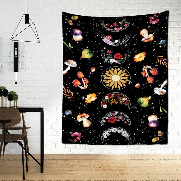 Tapiz De Flores Con Fases Lunares Para Colgar En La Pared, Estilo Bohemio, Hippie, PsicodéLico, BrujeríA, DecoracióN Del Hogar 95X70Cm-image