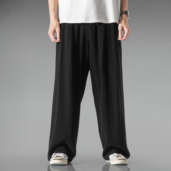Pantalones De Lino Ligeros Y Transpirables De Verano Para Hombre, Pantalones Casuales De AlgodóN Y Lino, Rectos, Holgados, De Pierna Ancha XL Negro-image