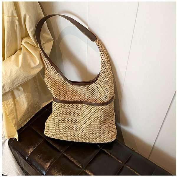 Bolso Tejido, Bolso Tote De Cubo De Hombro ÚNico Fresco Y Ligero Para Axila, Bolso Tejido De Paja CláSico, Bolso De Playa Para Mujer MarróN-image
