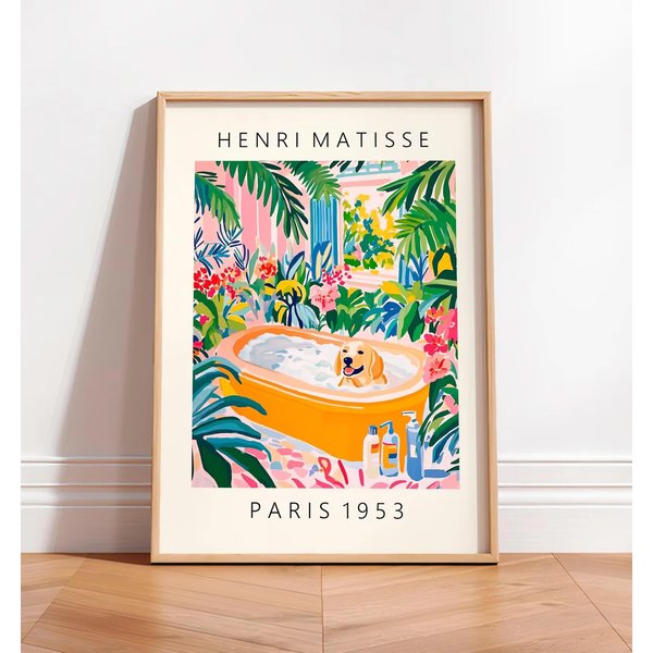Obraz Na PłóTnie Czarny Kot Na Toalecie, Sztuka śCienna Do łAzienki, Plakat Matisse'a, Zabawny WystróJ łAzienki, RóżOwy Tropikalny WystróJ Do Salonu WystróJ Domu Bez Ramki 30X40Cm-image