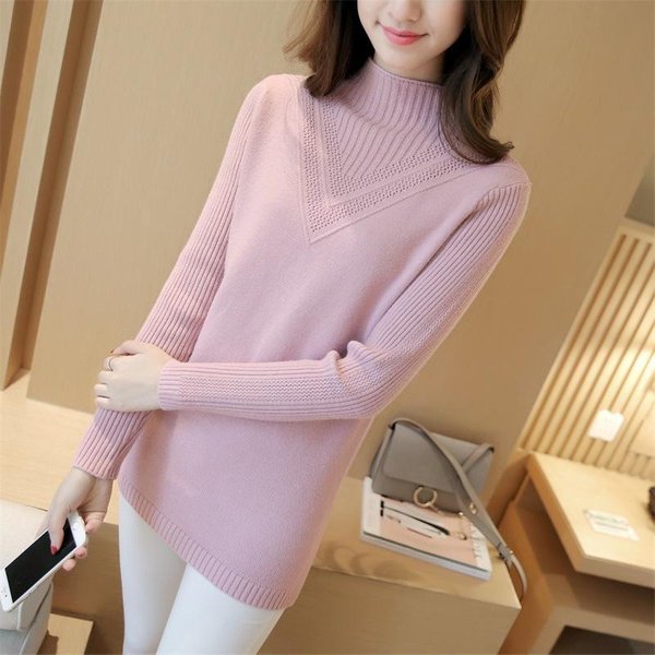 SuéTer Coreano Para Mujer, Jersey De Cuello Alto Medio, SuéTer De Punto De Longitud Media, Jersey De Punto Para Mujer, Jersey Grueso De Color SóLido, OtoñO E Invierno S Color Rosa-image