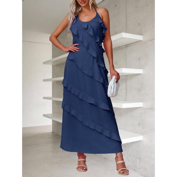Vestido Largo De Gasa Para Mujer Con Escote Halter Sin Mangas Espalda Descubierta Volantes Borlas Vestido De Fiesta S Azul Oscuro-image