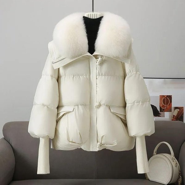 Abrigo CáLido De Invierno Para Mujer, Chaqueta Gruesa Con Cuello De Piel, Abrigo Corto De AlgodóN Holgado, Parkas Informales SóLidas Para Mujer XS Blanco-image