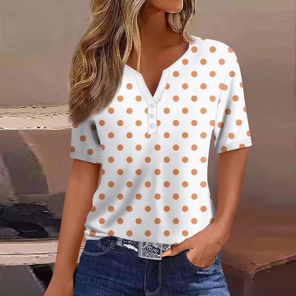 Camiseta Informal De Manga Corta Con Cuello En V Y Botones Decorativos Para Mujer, Con Estampado De Lunares En Color Liso M White-image