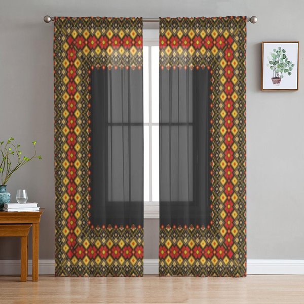 Cortinas Visillo Con Adorno ÉTnico FolclóRico Ucraniano Para Sala De Estar Transparentes Tul Cortina De Ventana DecoracióN De Dormitorio Cocina Velos 135W X 114H(Cm) Black-image