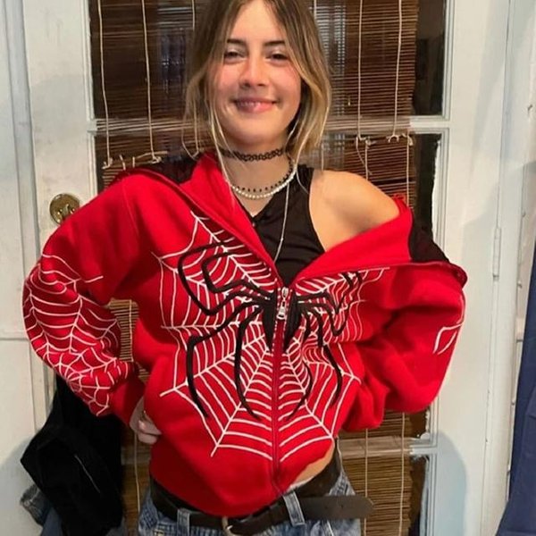 Y2K Emo Kobiety Streetwear Bluza Z Kapturem PająK Sieć Czerwone Bluzy Z Kapturem Na Zamek Grunge Bluza Oversize Gothic Harajuku Alt Kurtki Ubrania M Czerwony-image