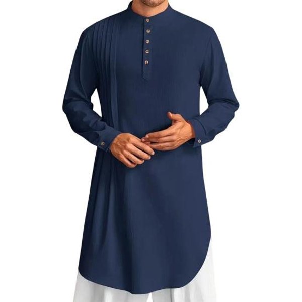 MęSki Kaftan BawełNiano-Lniany DłUgi RęKaw Dekolt O Szata Jednolity Kolor Zapinana Na Guziki Xxxl Kolor Granatowy-image