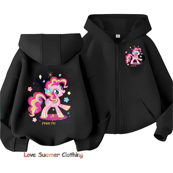 DziewczęCa Bluza Z Kapturem Zapinana Na Zamek, Uroczy Kucyk, Jesienna Kurtka Z Kapturem Dla DziewcząT, Zapinana Na Zamek, Little Pony, Jesienny Pulower, Casualowa Bluza Z Kapturem, Rozmiar 100-160 130 Black-image