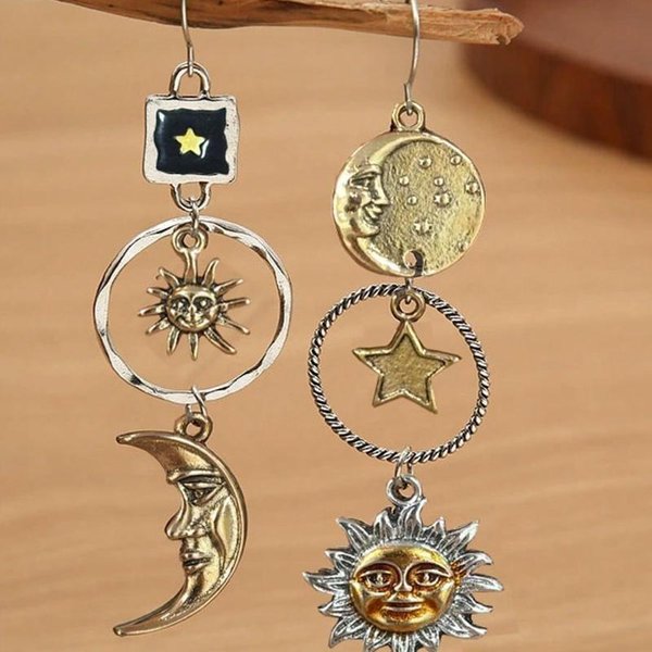 1 Par Pendientes Largos Colgantes Creativos Retro De Luna Y Sol, JoyeríA De Moda Para Hombre One-Size Oro Viejo-image