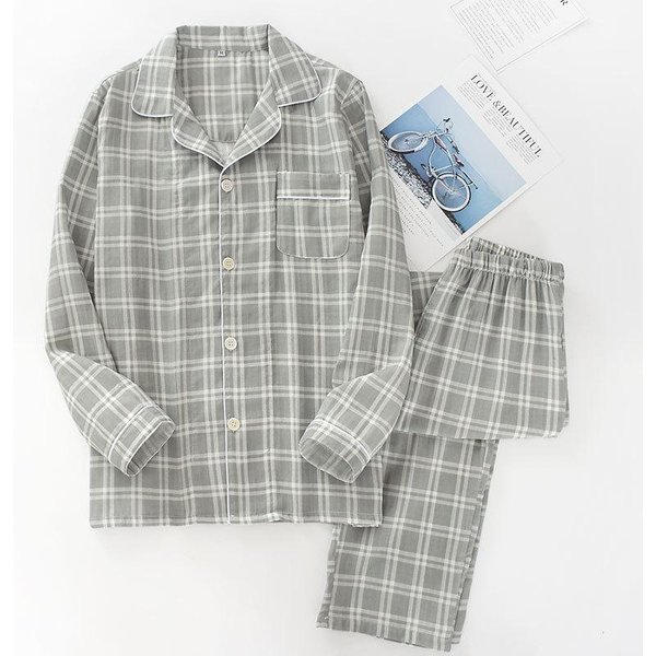 Pijama Para Hombre De Primavera Y OtoñO, Pantalones De Manga Larga, AlgodóN De Doble Gasa A Cuadros, Talla Grande, Traje De Servicio Para El Hogar, Traje De Pijama Para Hombre M-image