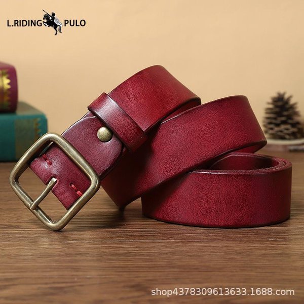 Tendencia De Moda Retro CinturóN De Hombre Cuero Genuino Hebilla De Pin Piel De Vaca Pura CinturóN Simple VersáTil 125Cm Rojo-image