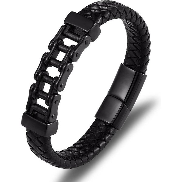 Pulsera De Acero Inoxidable Para Hombre Pulsera De Cuero Trenzado Pulseras De Hombre Punk De Moda 21Cm Black-image