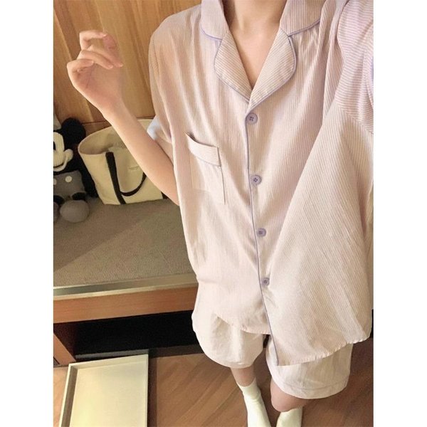 Pijama De Mujer Nuevo Verano Manga Corta Conjunto De Ropa De Dormir Suave A Rayas Estampado De Dibujos Animados Pijama Mujer Conjunto Ropa De Noche Para Casa CáRdigan L Beige-image