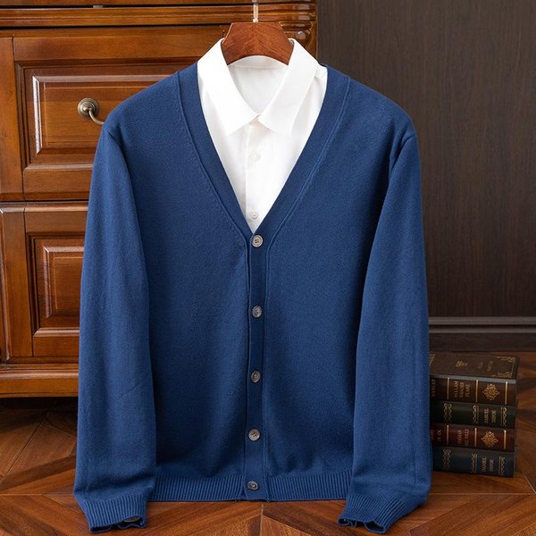 SuéTer De Punto Para Hombre OtoñO Primavera CáRdigan De Cachemira Color SóLido BáSico Cuello En V De Un Solo BotóN Holgado Ropa Tops Xxxl Blue-image