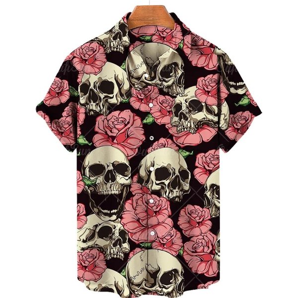 Camisa De Playa Hawaiana DiseñO De Moda Para Hombre Camisa Con Estampado 3D De Calavera Ropa Casual Retro Para Calle Verano Hombre Unisex Corta 3XL Black-image