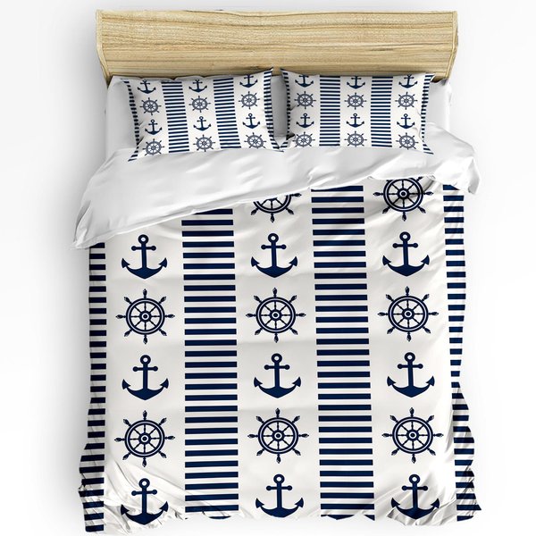 Juego De Ropa De Cama De 3 Piezas Con DiseñO De Barco Rayado, TimóN Y Ancla Para Cama Doble, Textil Para El Hogar, Funda NóRdica, Funda De Colcha, Funda De Almohada AU Single(140X210Cm)-image