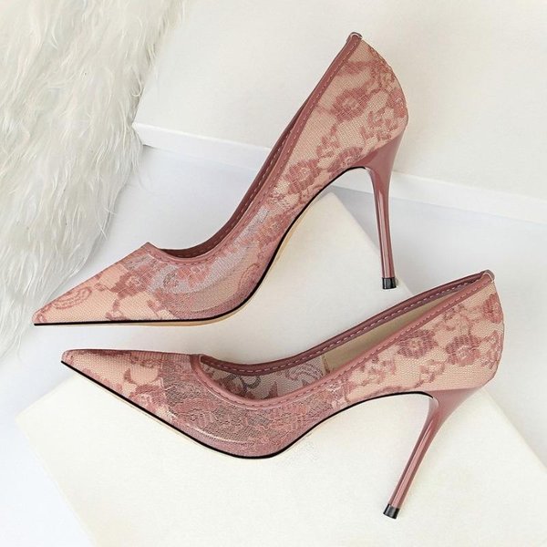 Kobiety Moda Seksowne CzółEnka Wysokie Obcasy Buty Damskie Seksowne Buty ŚLubne Panie Szpilka Kobiety Nowe Szpiczaste Palce Siateczkowe AżUrowe Koronkowe Obcasy 38 Fioletowy-image