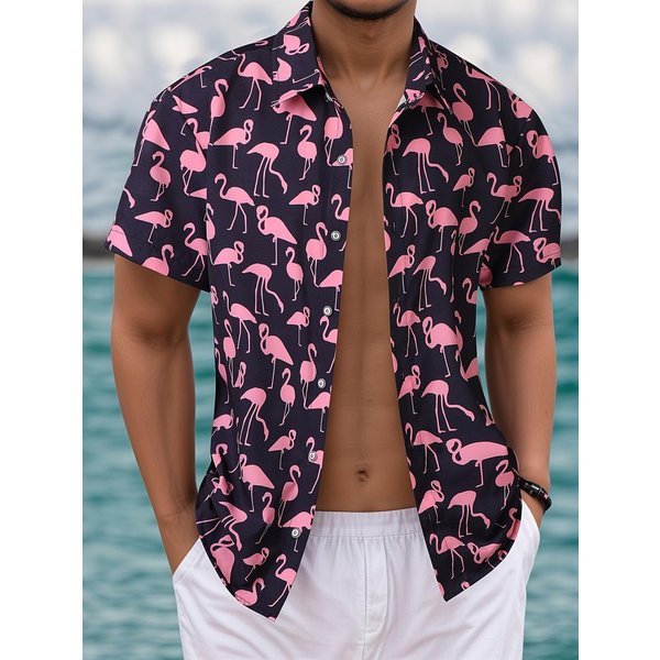 Camisa De Manga Corta Para Hombre Con Estampado De Flamenco Y Flores BotáNicas Hawaianas Cuello Camisero Camisa De Playa Top Moda Casual Camisas Tops De Secado RáPido 5XL Black-image