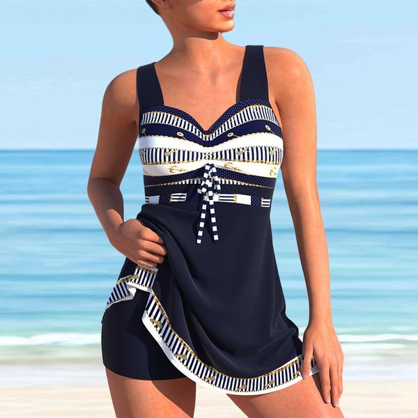 Kostium KąPielowy Tankini 2-CzęśCiowy Kostium KąPielowy Fioletowy Kratka KrzyżUjąCy Się Nadruk Kostiumy KąPielowe Na Wakacje 2XL Kolor Ciemny Niebieski-image
