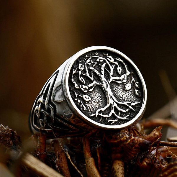 PierśCionek Vintage Viking Drzewo ŻYcia Dla MężCzyzn Mitologia Nordycka Stal Nierdzewna PierśCień Yggdrasila Modny Amulet BiżUteria WikingóW Prezent 8 Brown-image
