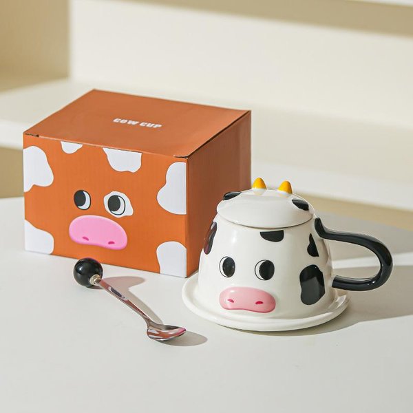 Taza De Agua Creativa Linda De Dibujos Animados Pareja De Vacas Tridimensionales Taza De CeráMica Con Tapa MuñEco Mascota Linda Taza De Café 301-400Ml-image