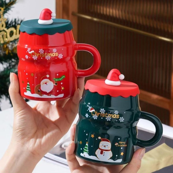 Taza De CeráMica Creativa De Navidad Taza De Navidad Taza Bonita Alta Souvenir Con Tapa Cuchara Taza De Café Taza De Dibujos Animados 420ML-image