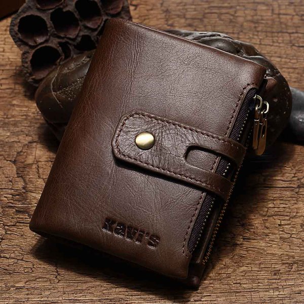 Cartera De Piel De Vaca Genuina Para Hombre Con Bloqueo Rfid Bifold Corto Con Cremallera Bolsillo Para Monedas Clutch-image
